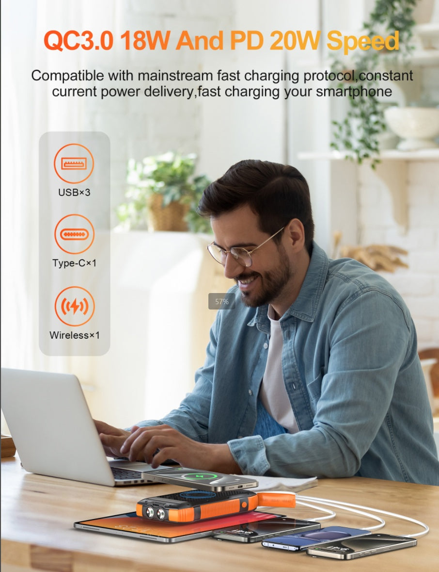 Solar Power Bank New Product Large Capacity 20000mAh 3 USB C Flashlight Ip67 Waterproof High-speed Wireless Charger