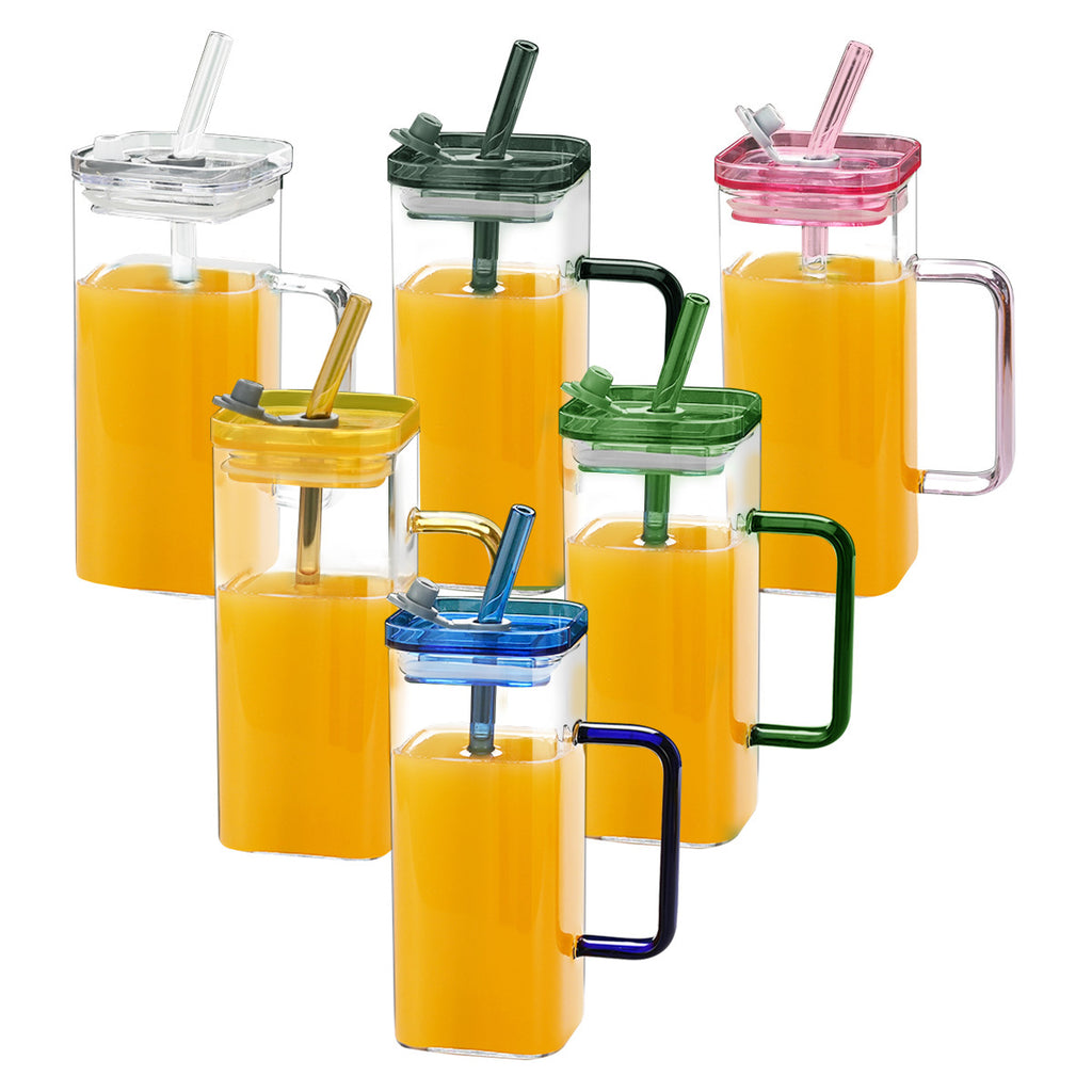 1 Pcs Transparent Glass Straw Cup, 6 Colors Square Glass Cup With Straw And Lid, High Borosilicate Glass Cup, Milk Cup, Juice Cup, Cold Drink Cup, Coffee Cup, Tea Cup, Office Cup, Gift Cup