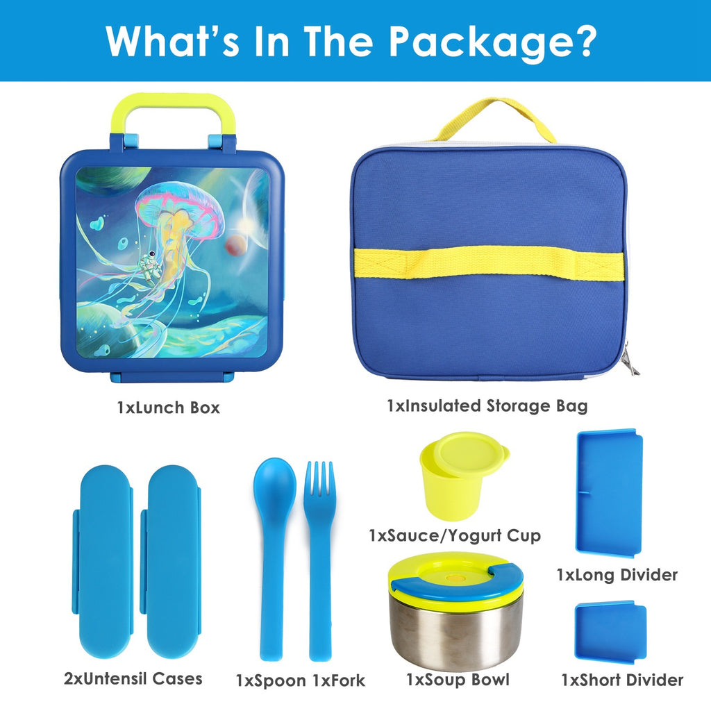 1Pc Kids Lunch Box Thermal Lunch Container With Insulated Storage Bag 2 Compartments Spoon Fork Case Food Safe Spill Resistant