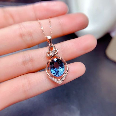 Blue Zircon Diamonds Gemstones Pendant Necklace