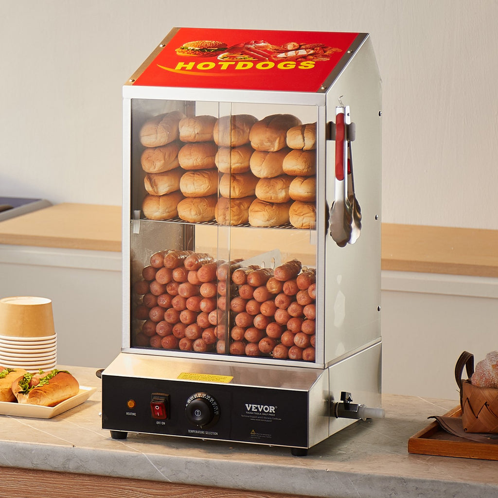 Commercial Hot Dog Steamer 2-Tier Electric Bun Warmer 39QT Slide Doors