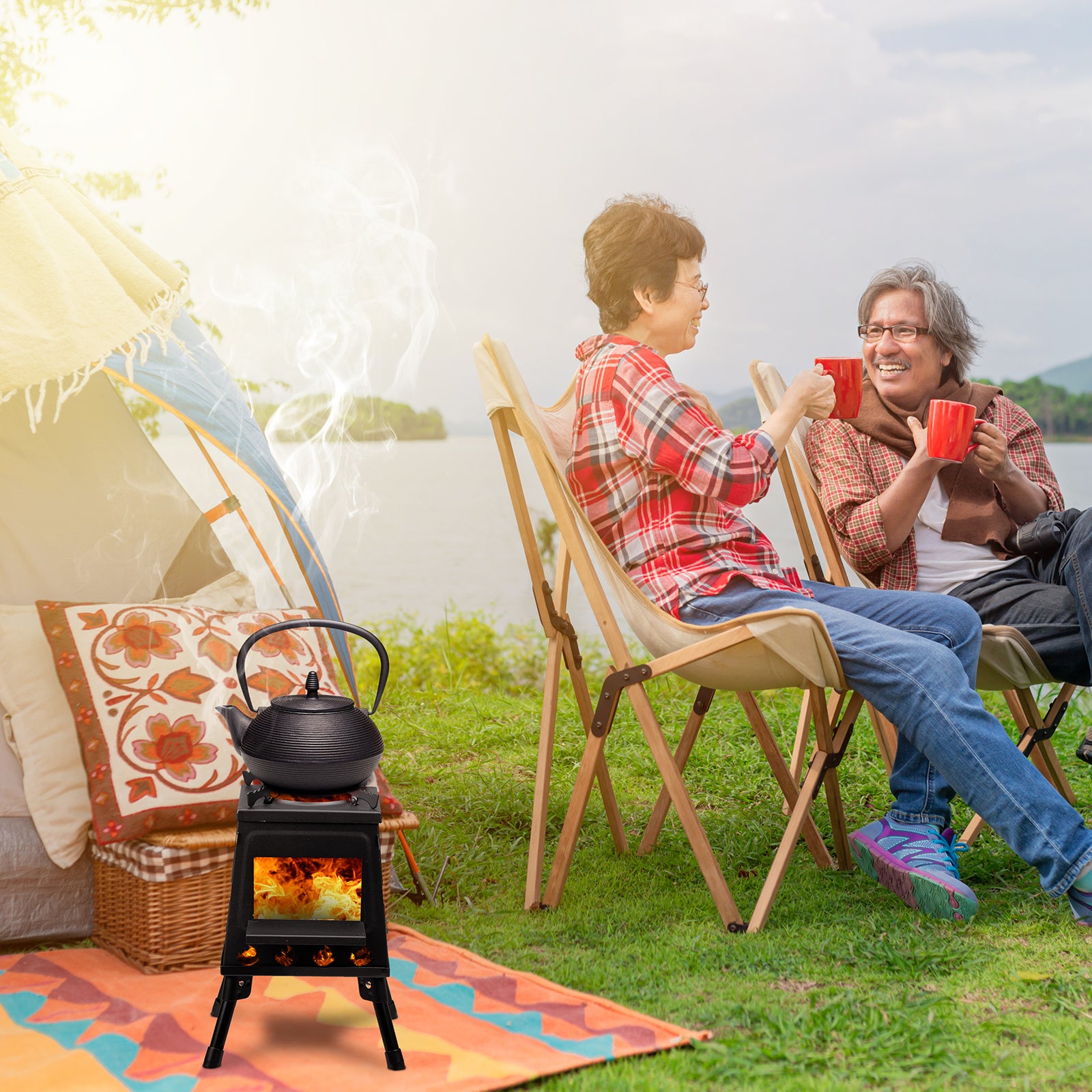 Portable Camping Stove Wrought Iron Panel 27x27x34cm Black Detachable Piece Portable Camping Stove