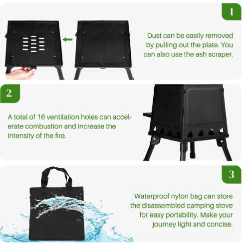 Portable Camping Stove Wrought Iron Panel 27x27x34cm Black Detachable Piece Portable Camping Stove