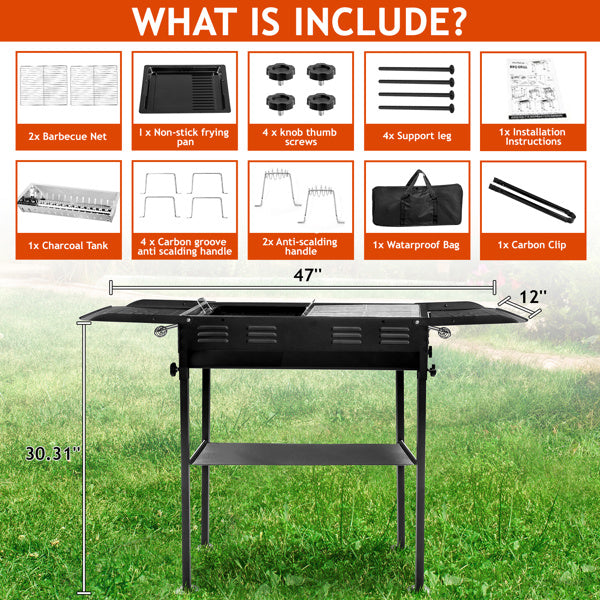 Outdoor Barbecue Grill 20.3x33x69.8cm Rectangular, Black, Iron