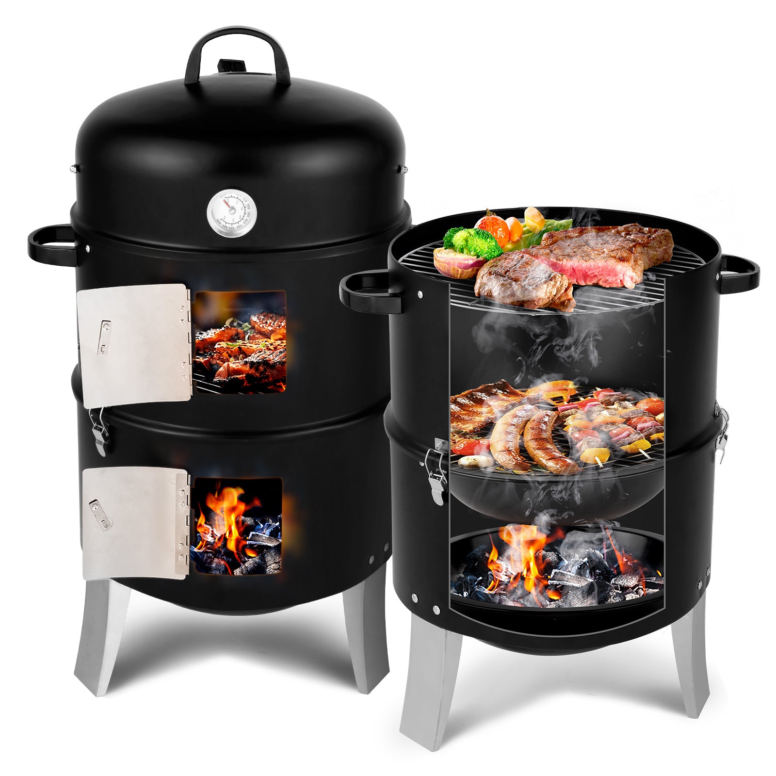 Charcoal Grill Cylindrical 47x41.5x82cm Black, Double-walled, Cylindrical, Smoker.