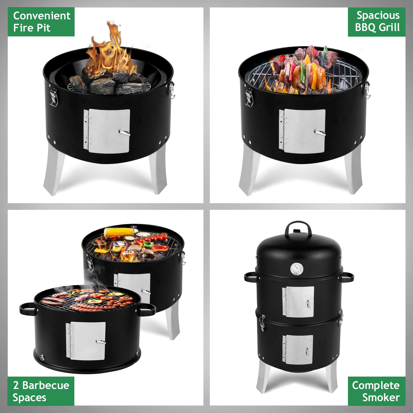 Charcoal Grill Cylindrical 47x41.5x82cm Black, Double-walled, Cylindrical, Smoker.