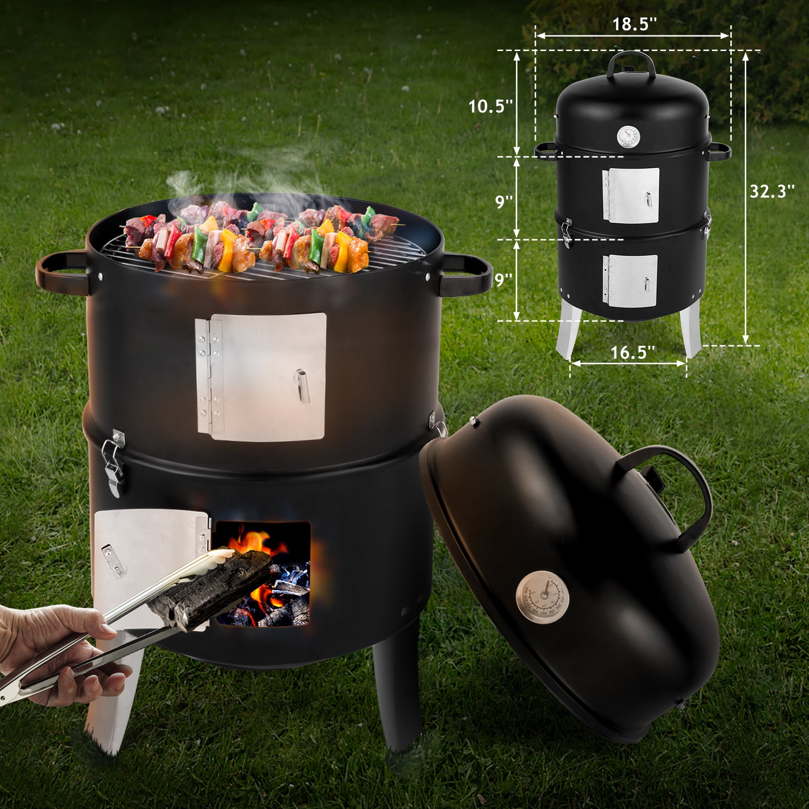 Charcoal Grill Cylindrical 47x41.5x82cm Black, Double-walled, Cylindrical, Smoker.