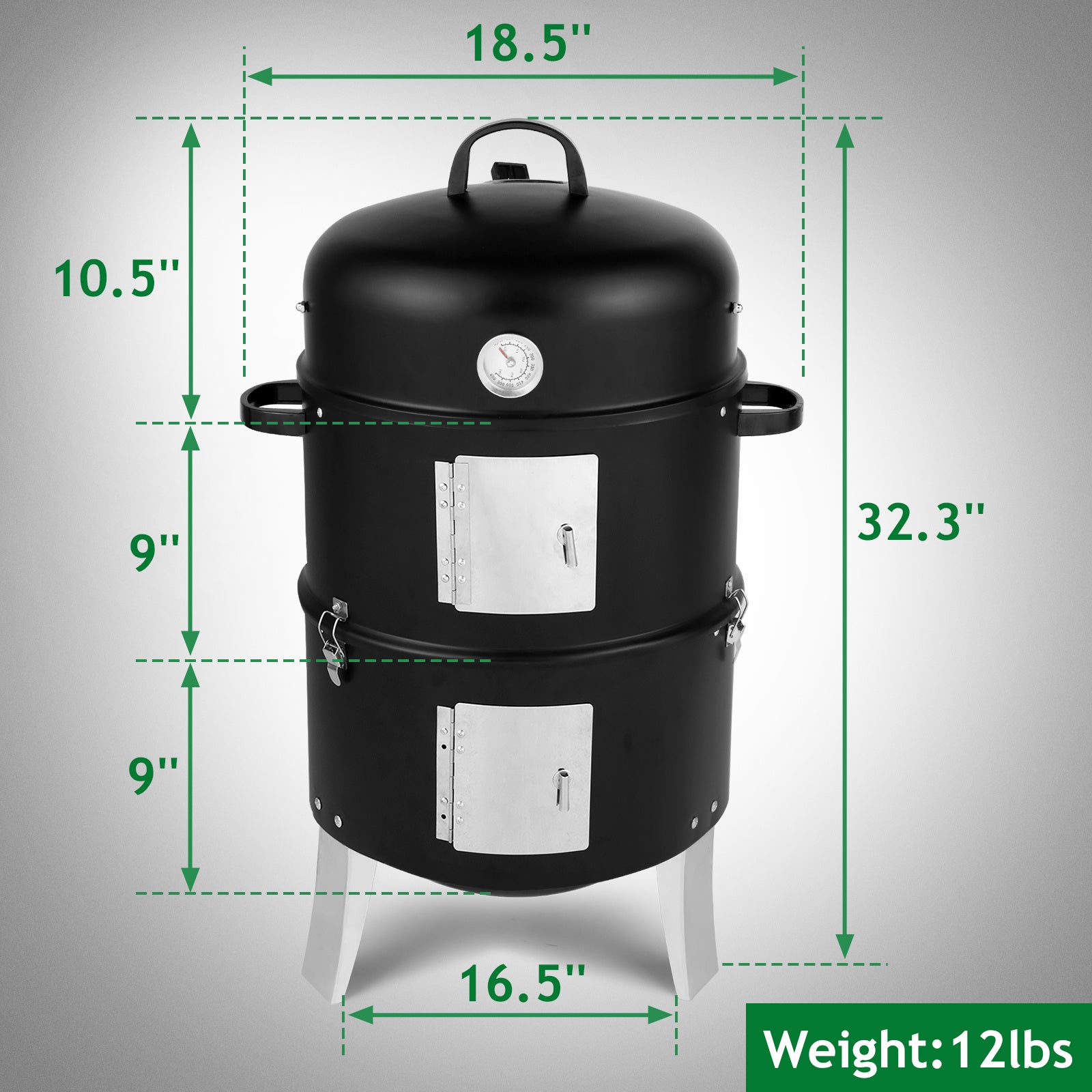 Charcoal Grill Cylindrical 47x41.5x82cm Black, Double-walled, Cylindrical, Smoker.