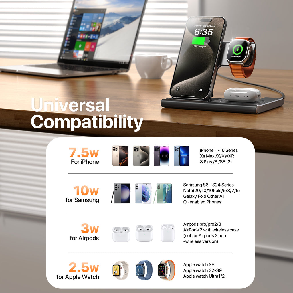 Fast Charging Stand 3 In 1 Wireless Charging Station For Multiple Devices 15W