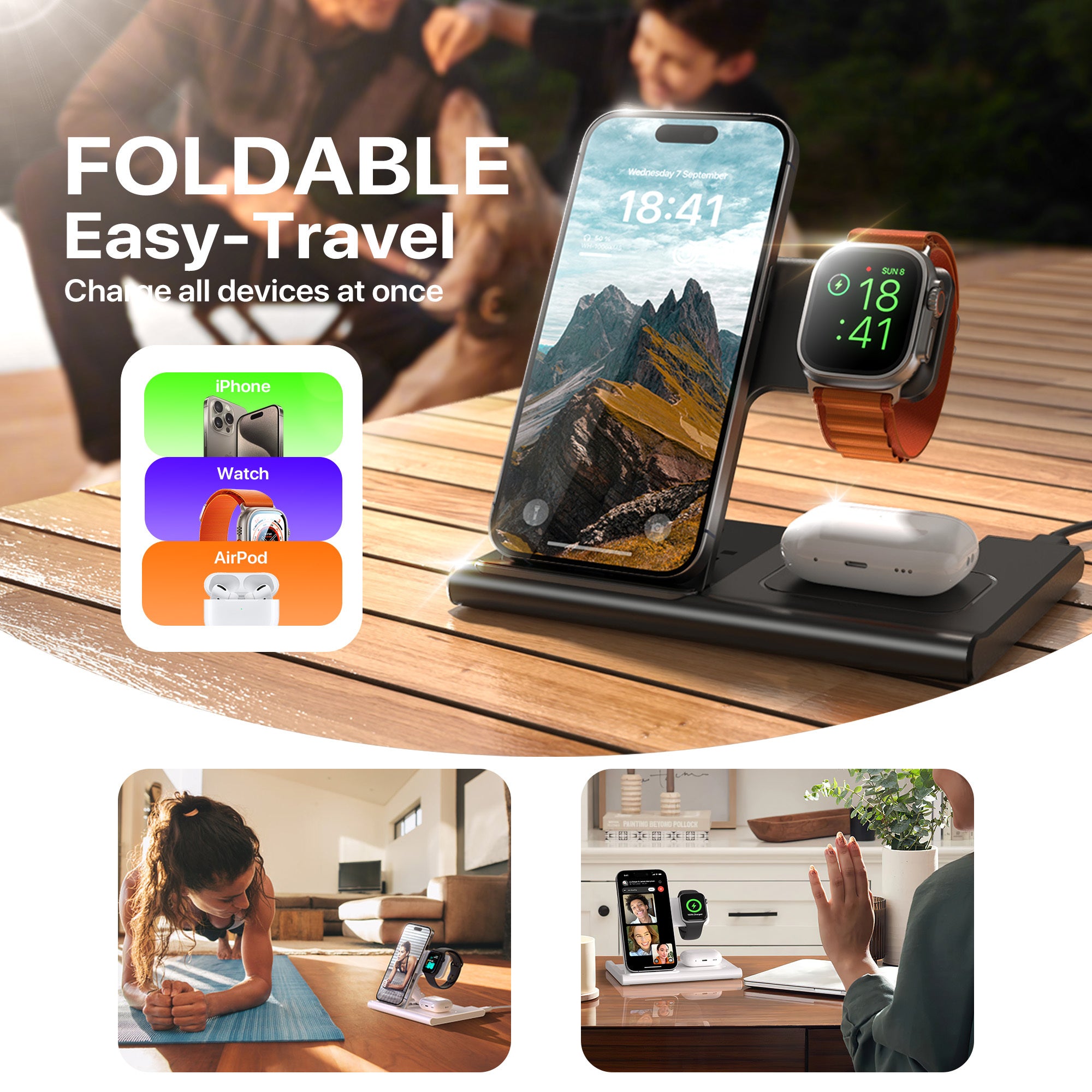 Fast Charging Stand 3 In 1 Wireless Charging Station For Multiple Devices 15W