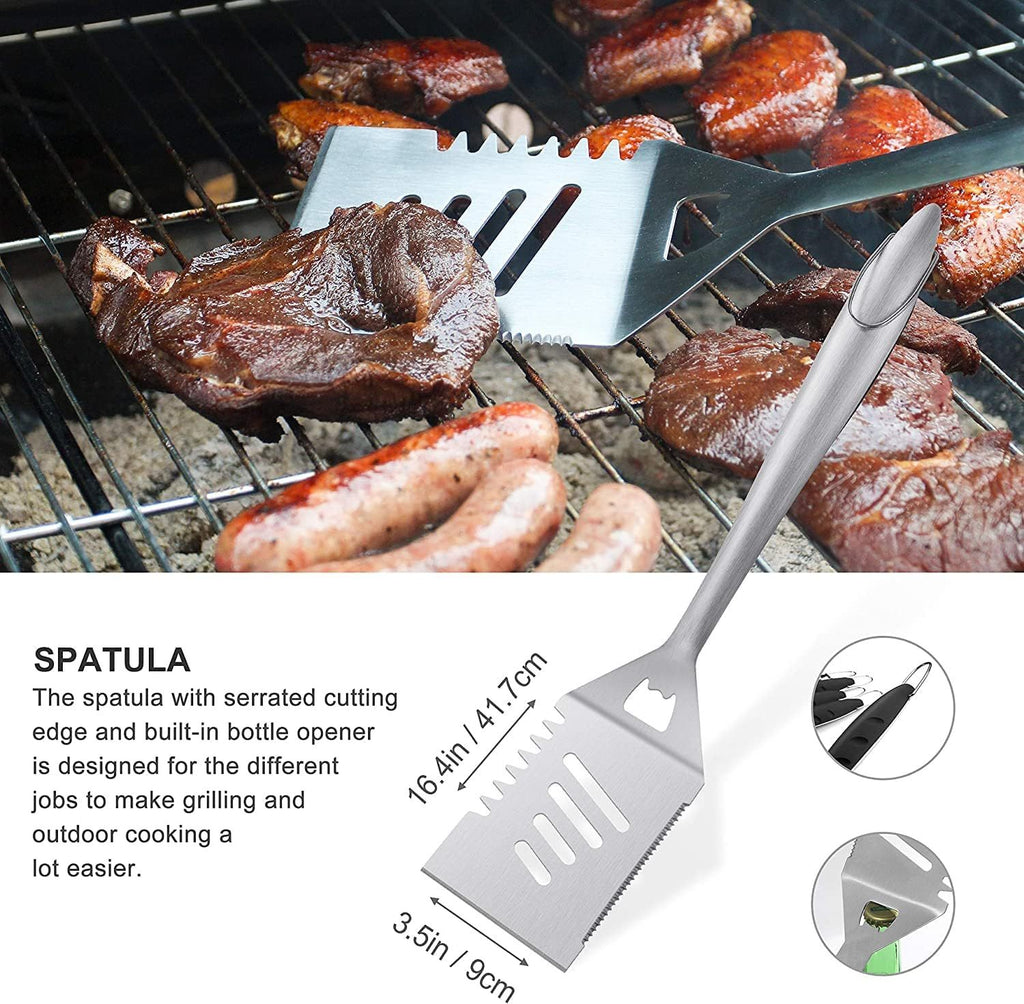 Grilljoy 8PCS Heavy Duty BBQ Grill Tools Set With Extra Thick Stainless Steel Spatula, Fork, Tongs & Cleaning Brush - Complete Barbecue Accessories Kit With Portable Bag - Perfect Grill Gifts For Men
