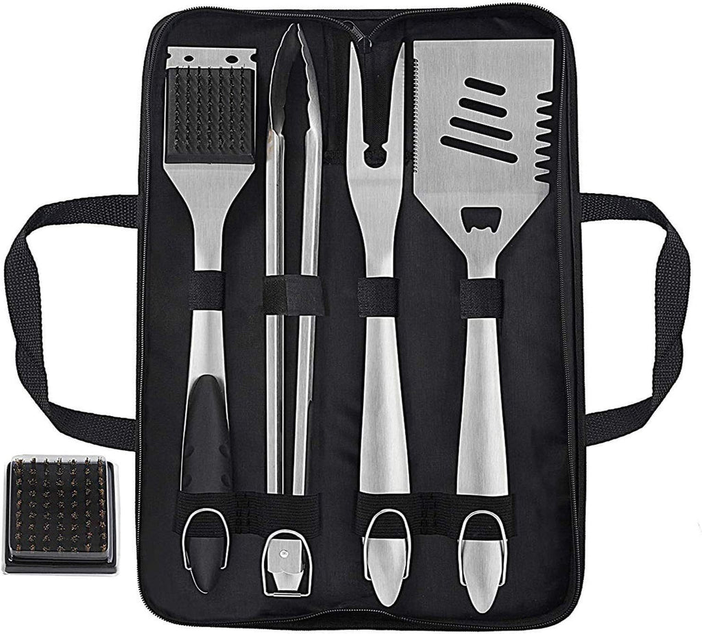 Grilljoy 8PCS Heavy Duty BBQ Grill Tools Set With Extra Thick Stainless Steel Spatula, Fork, Tongs & Cleaning Brush - Complete Barbecue Accessories Kit With Portable Bag - Perfect Grill Gifts For Men