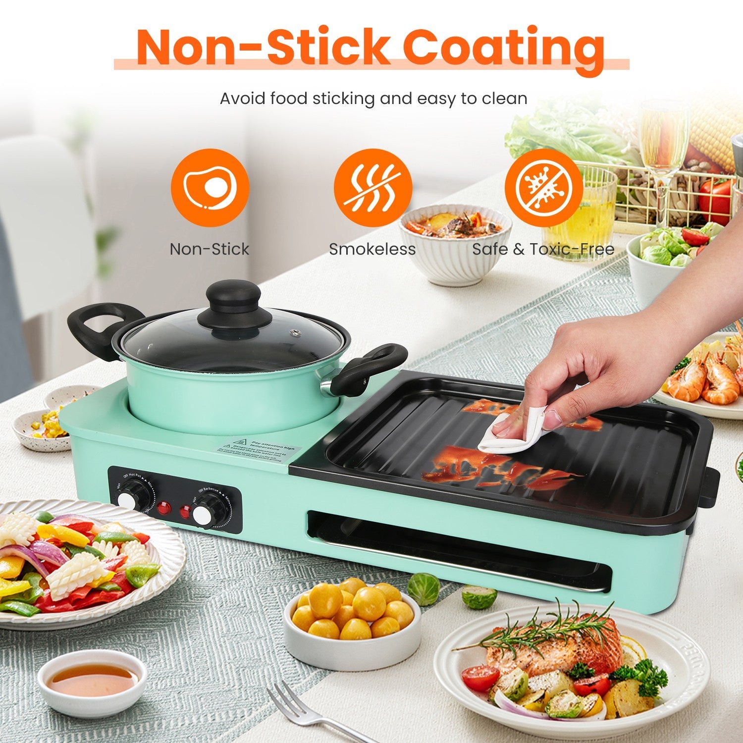 1Pc 3 In 1 Electric Hot Pot With Grill 1600W Smokeless Non-Stick Korean BBQ Grill Shabu Shabu Hot Pot Combo With Independent Temperature Control For 3-5 People Fedex Shipping