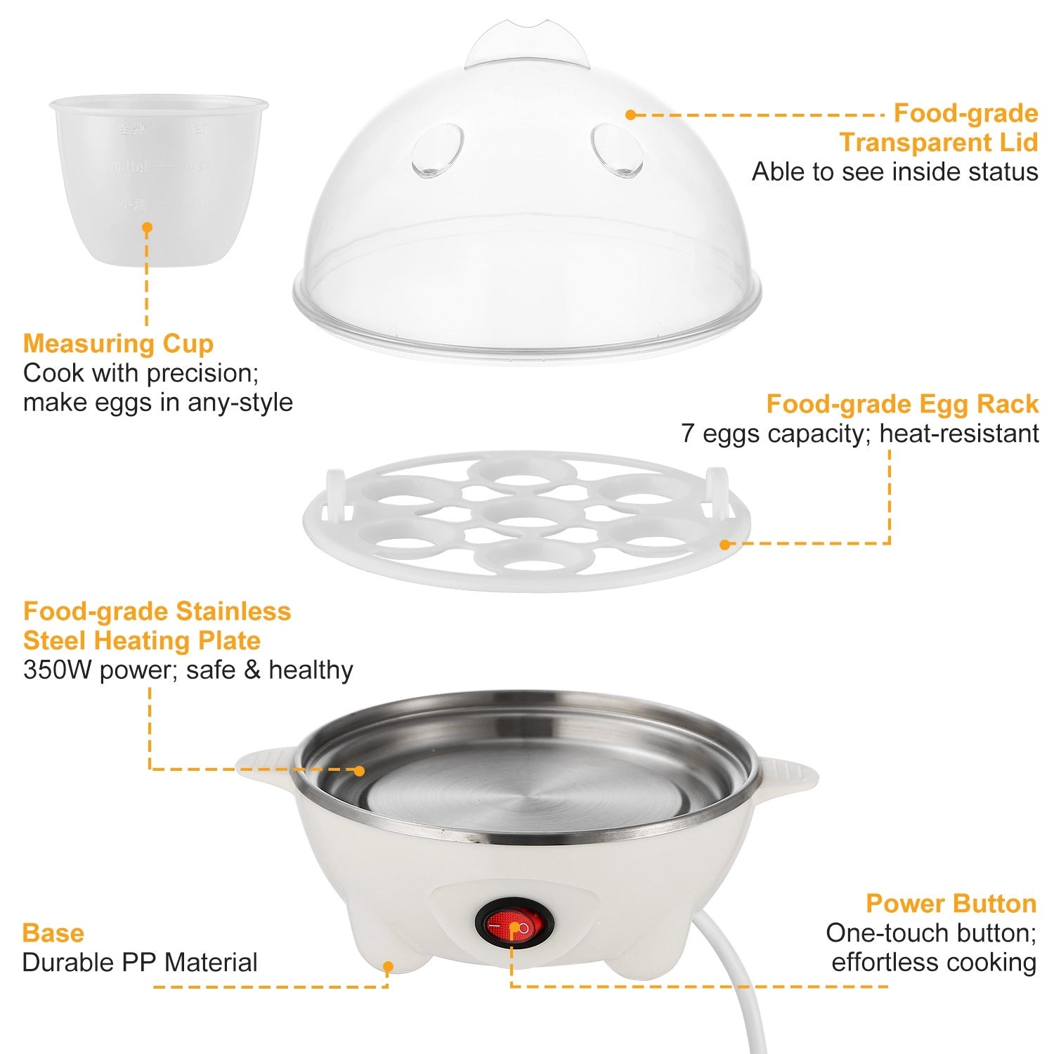 1Pc Electric Egg Cooker 7-Capacity Hard-Boiled Egg Maker With Auto-Off Measuring Cup For Hard Boiled Steamed Vegetables Seafood Dumplings