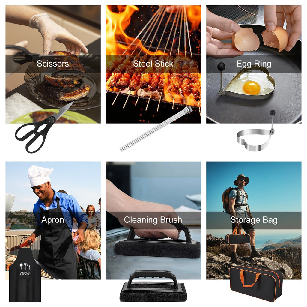 31Pcs Griddle Accessories Kit Flat Top Grill Accessories For Camp Chef With Spatulas Griddle Press Basting Cover Spice Shakers Vegetable Forks Steel Sticks Egg Rings Storage Bag
