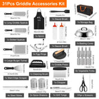 31Pcs Griddle Accessories Kit Flat Top Grill Accessories For Camp Chef With Spatulas Griddle Press Basting Cover Spice Shakers Vegetable Forks Steel Sticks Egg Rings Storage Bag