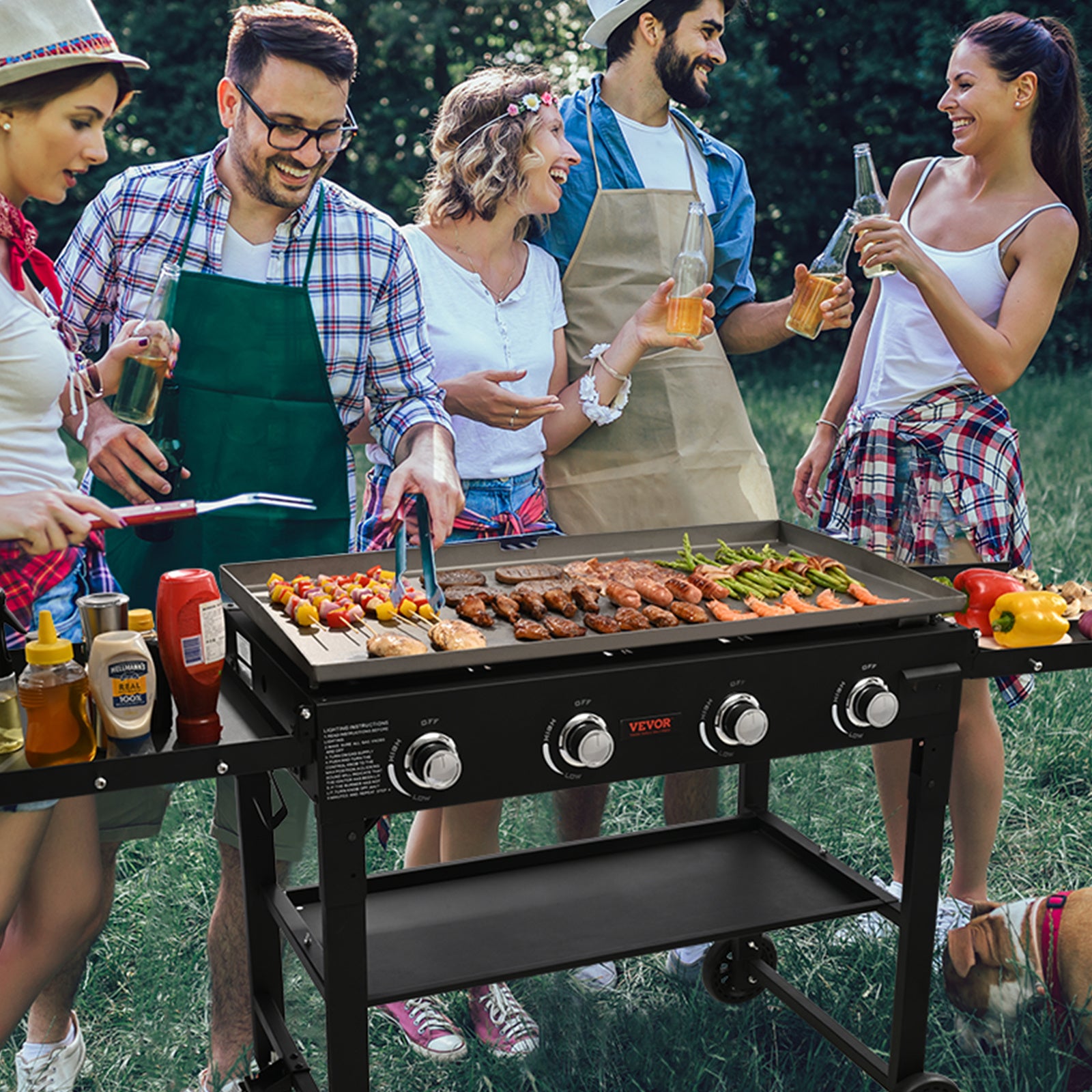 Commercial Griddle On Cart, 36' Heavy Duty Manual Flat Top Griddle, Outdoor Cooking Station With Side Shelves, Steel Natural Gas Griddle, 4-Burners Restaurant Portable Tested ToStandards