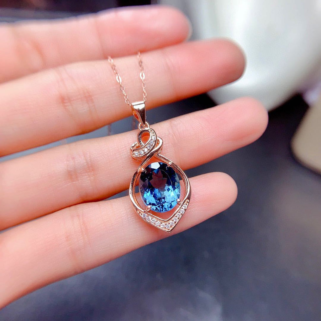 Blue Zircon Diamonds Gemstones Pendant Necklace