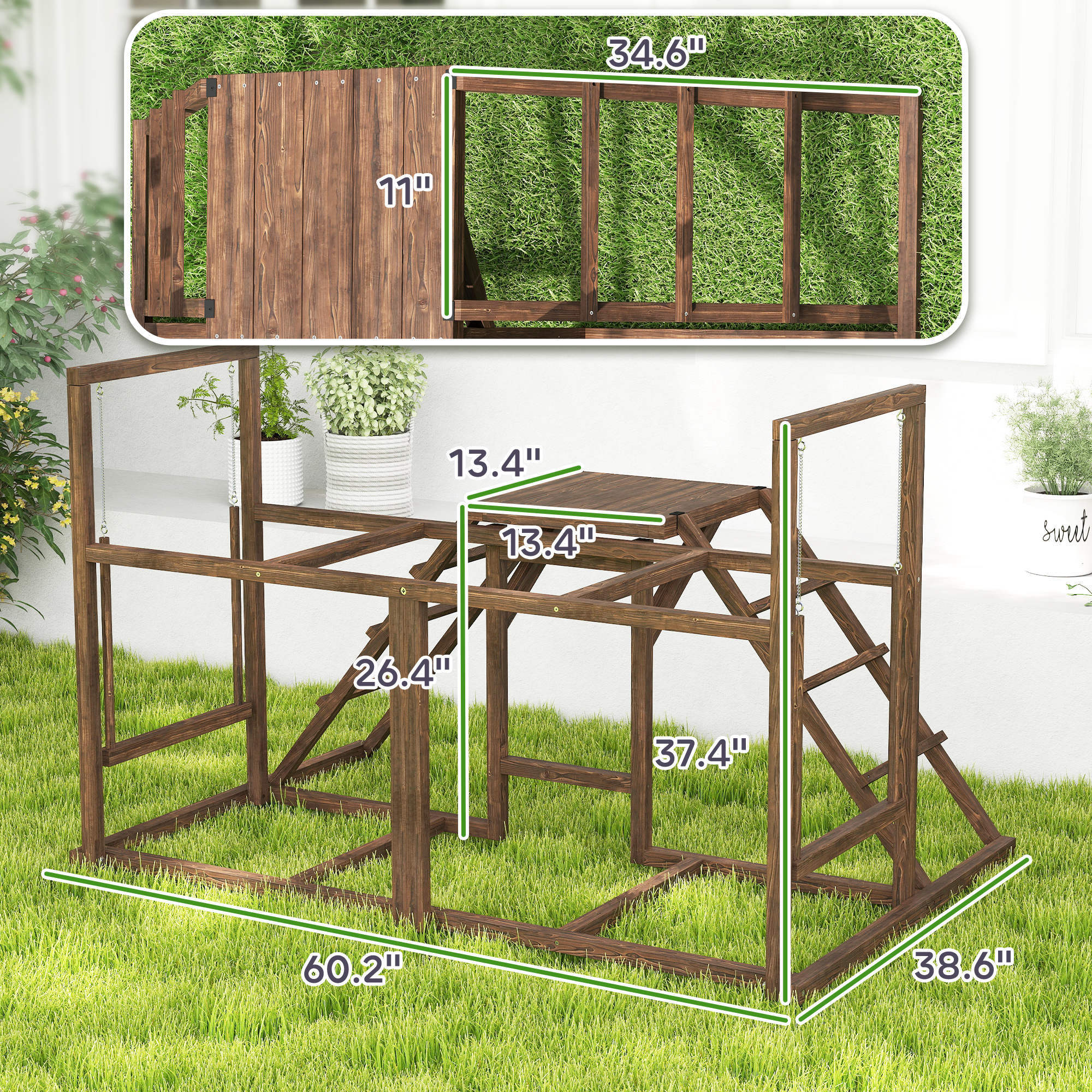 Chicken Activity Play Set With Multiple Chicken Perches, Swing, Ladder, Platform For 3-4 Chickens, Coffee Color