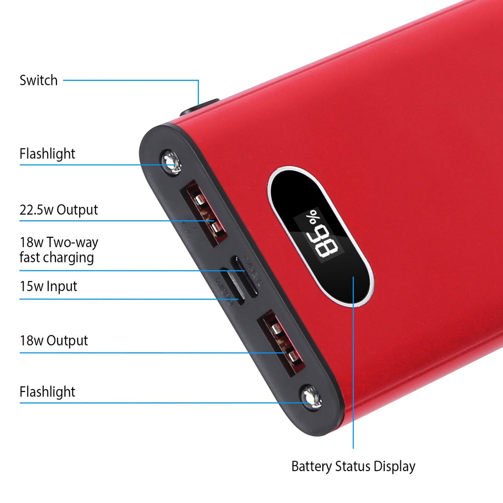 20000Mah Power Bank Green Red & Black Color Options -- 1Pc Portable Charger External Battery Pack 22.5W Super Fast Charging With LED Display Flashlight Fit For IOS Phone