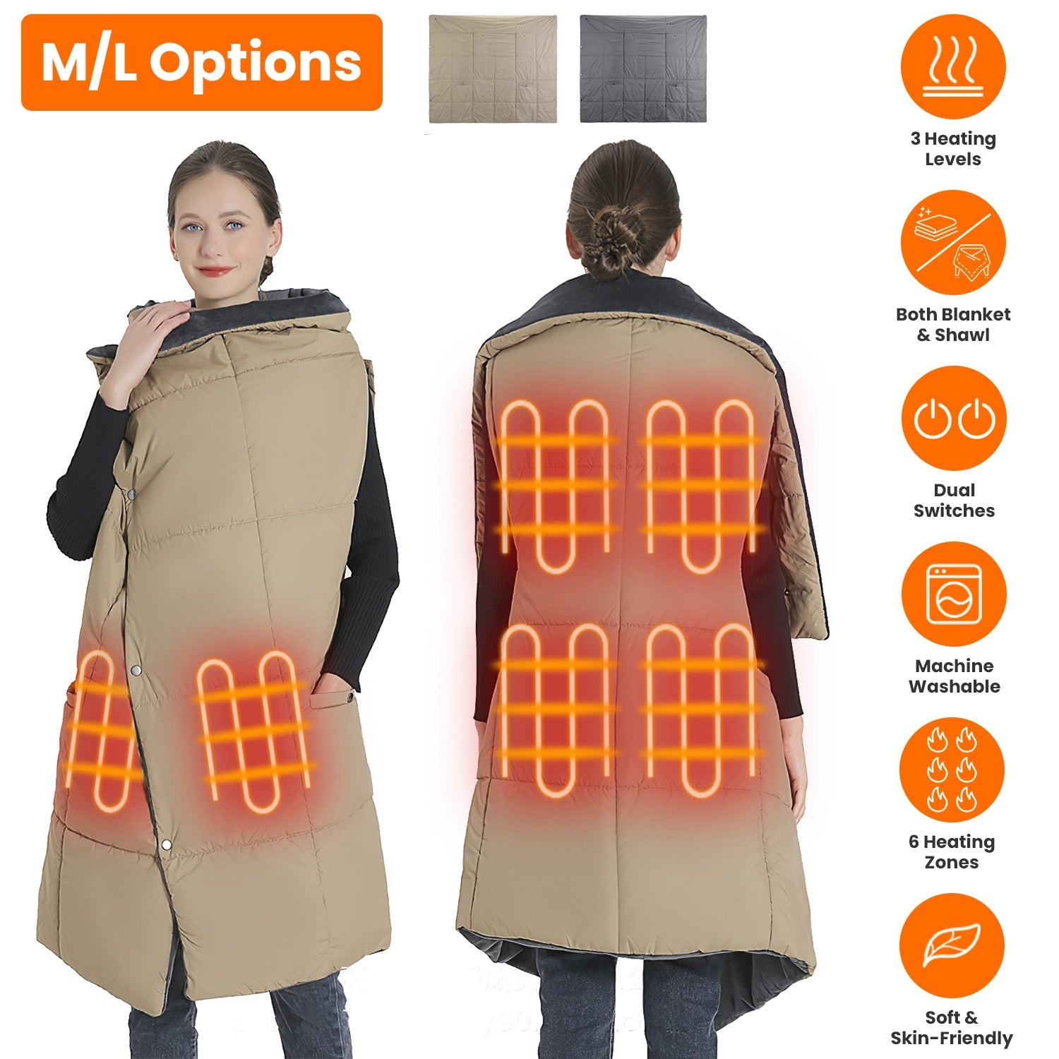 USB Heated Blanket Electric Heated Poncho Shawl Wrap Throw With Zipper Arm Holes Pocket 3 Heating Levels 6 Zones 5V 2A Machine Washable For Home Office Outdoor