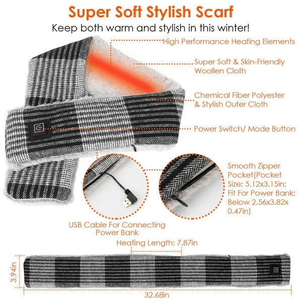 Unisex Electric Heated Scarf USB Heating Neck Wrap Unisex Winter Heated Neck Shawl
