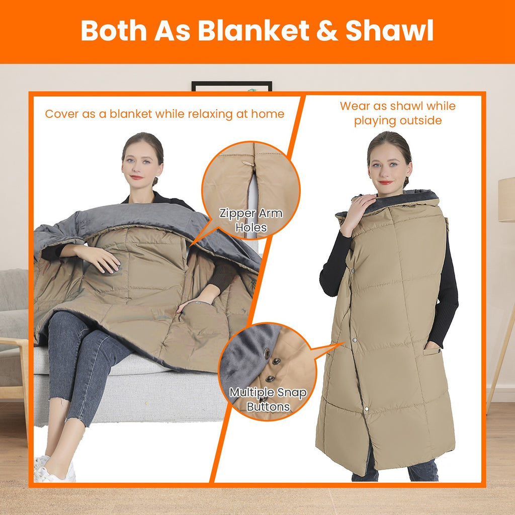 USB Heated Blanket Electric Heated Poncho Shawl Wrap Throw With Zipper Arm Holes Pocket 3 Heating Levels 6 Zones 5V 2A Machine Washable For Home Office Outdoor