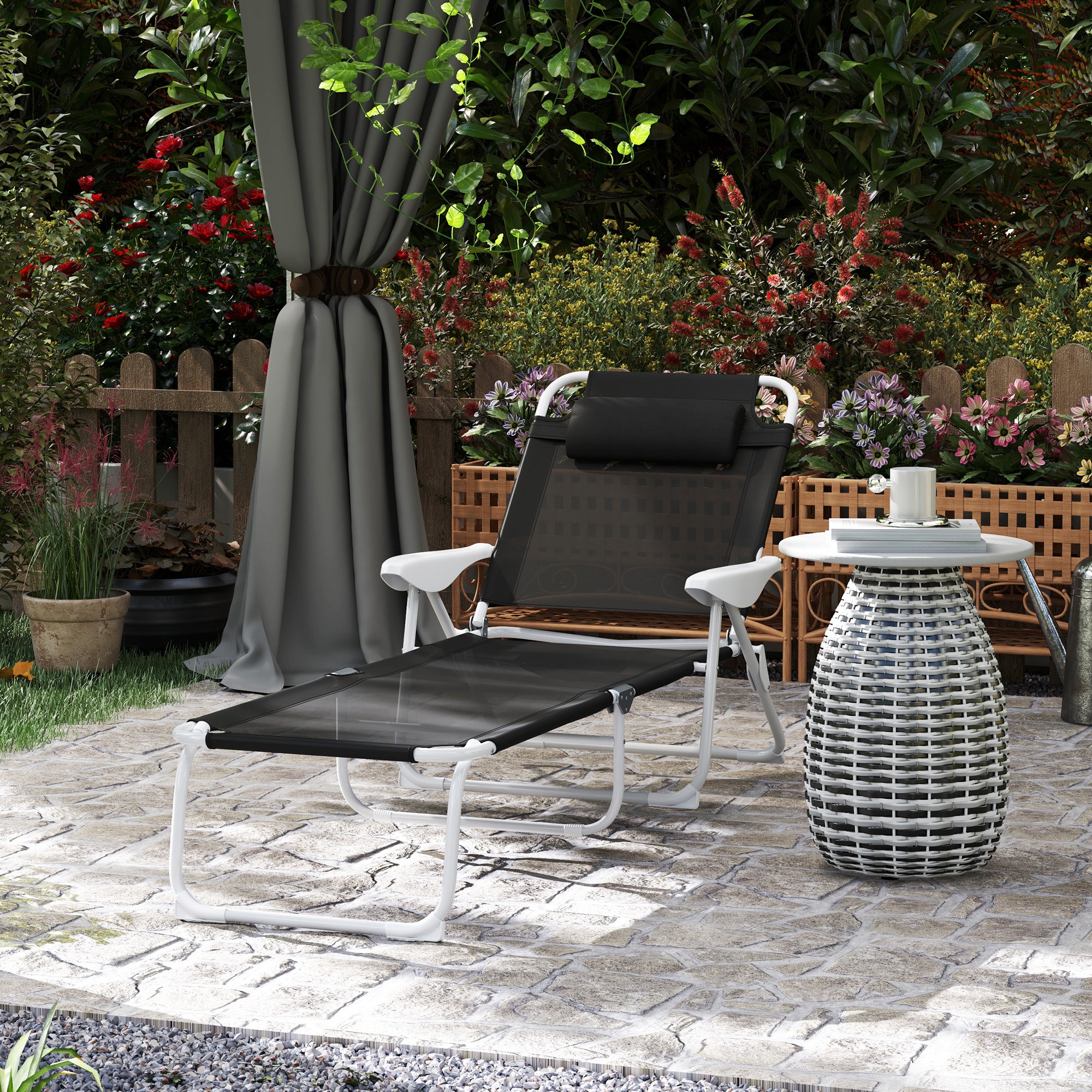 Outdoor Sun Tanning Chair, Folding Chaise Lounge, 4-Position Reclining Back, Armrests, Removable Pillow, Black