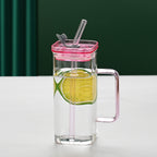 1 Pcs Green Glass Straw Cup, 6 Colors Square Glass Cup With Straw And Lid, High Borosilicate Glass Cup, Milk Cup, Juice Cup, Cold Drink Cup, Coffee Cup, Tea Cup, Office Cup, Gift Cup