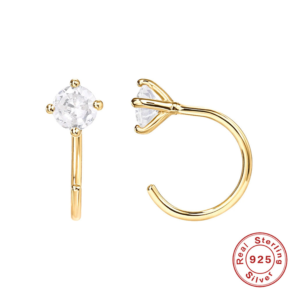 S925 Sterling Silver Four Claws Inlaid Diamond Ear Hanging Earrings Piercing Earrings Europe And The United States Hot INS Creative Paragraph C-shaped Earrings Female