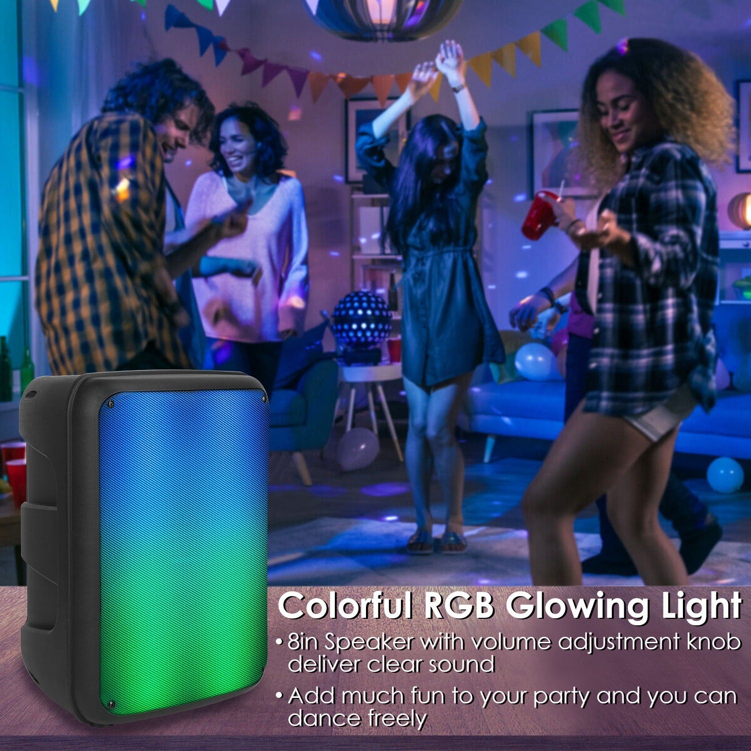 1Pc Portable Wireless Party Speaker 8in Colorful Lights DJ PA System With TWS Function FM Radio USB MMC Card Reading Aux In Recording Function Mic