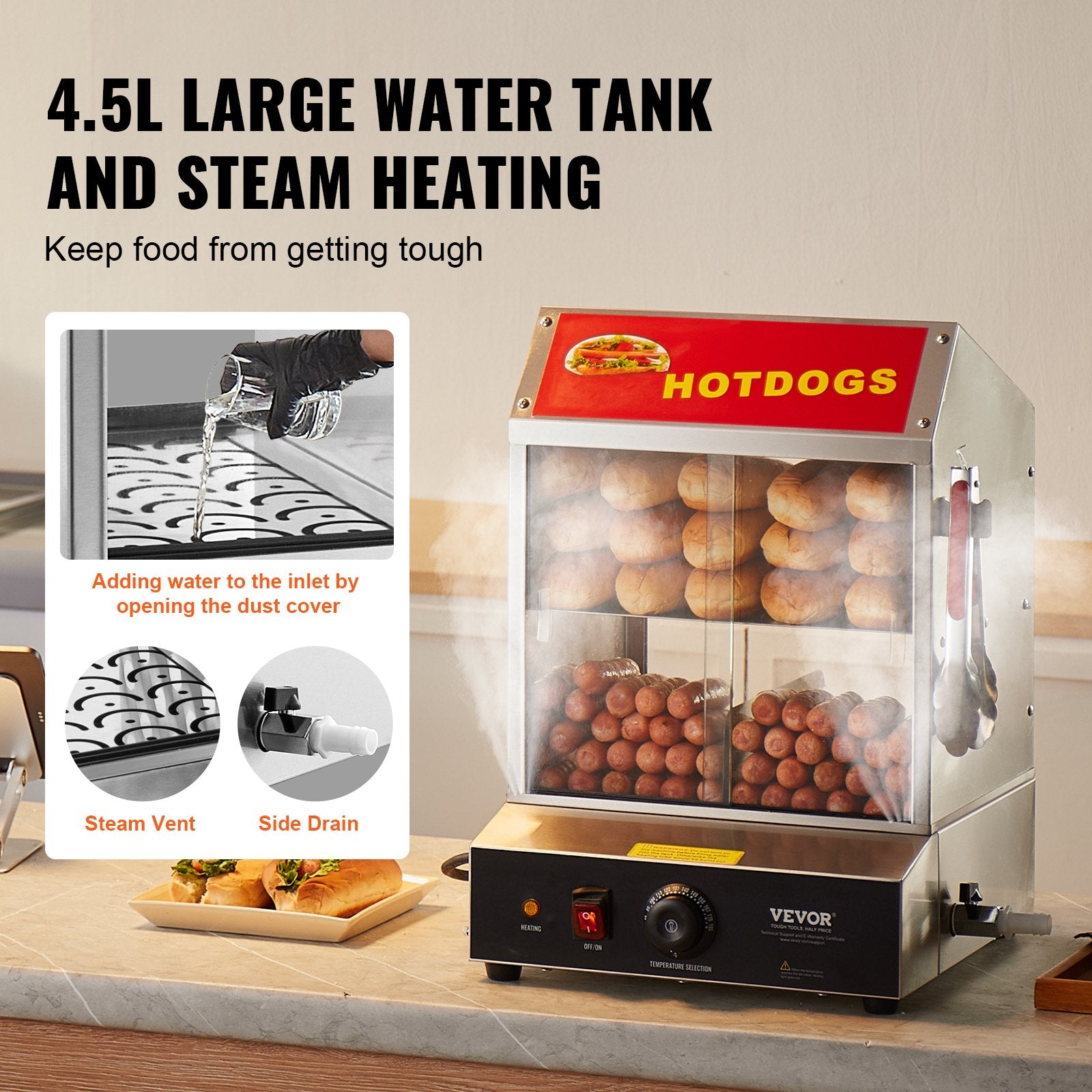 Commercial Hot Dog Steamer 2-Tier Electric Bun Warmer 28.5QT Slide Doors