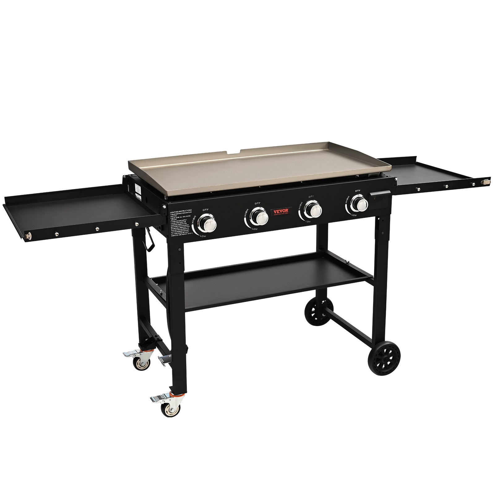 Commercial Griddle On Cart, 36' Heavy Duty Manual Flat Top Griddle, Outdoor Cooking Station With Side Shelves, Steel Natural Gas Griddle, 4-Burners Restaurant Portable Tested ToStandards