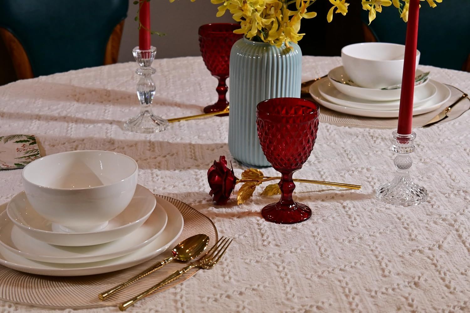 Lily Bone China Dinnerware Set, 16 Pieces, Service For 4, White Plates, Dishes, Bowls Set, Microwave And Dishwasher Safe