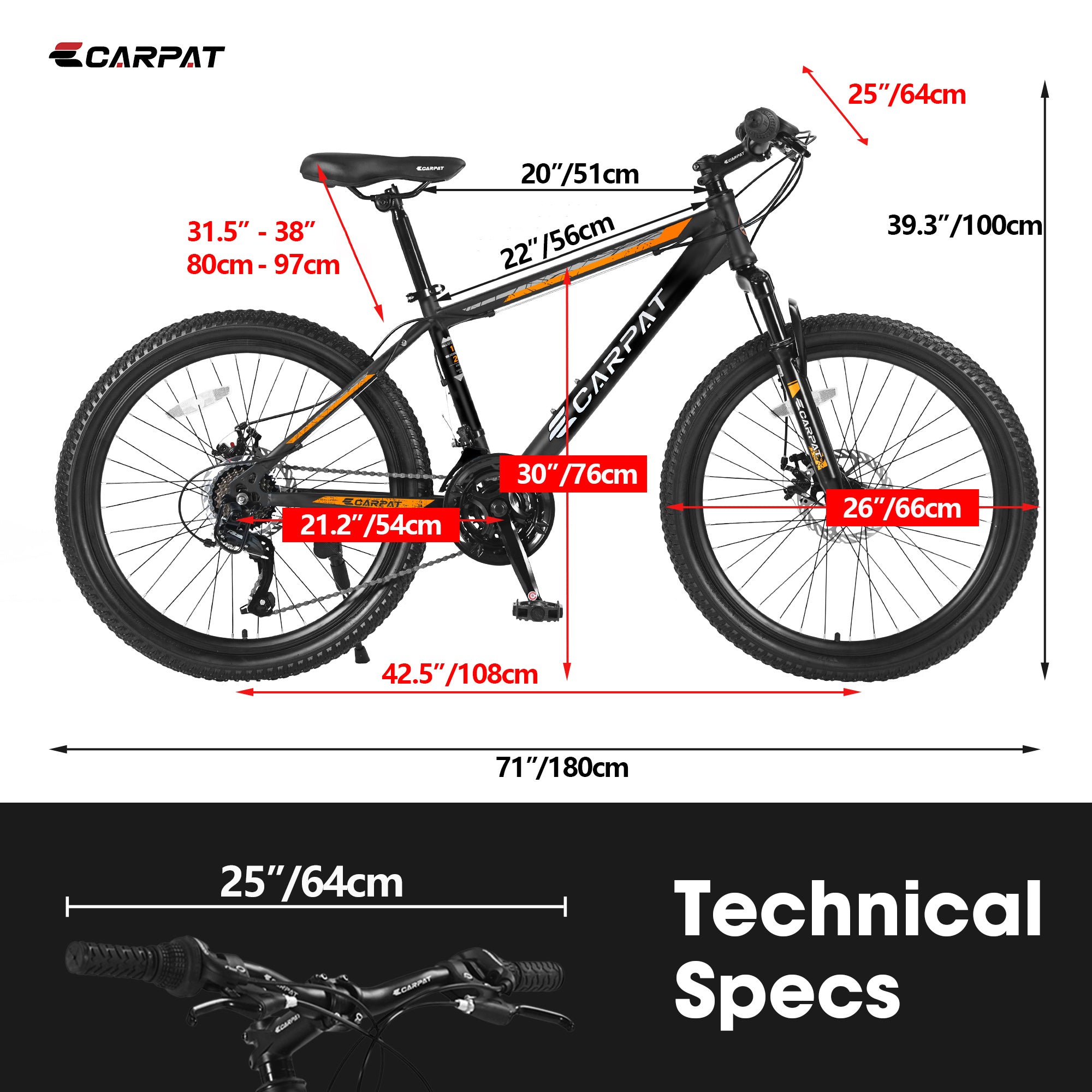 ECARPAT Mountain Bike - 21 Speed Bicycle S26102-BLACK-ORANGE