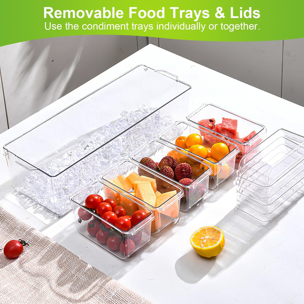 1Set Ice Chilled Condiment Caddy Serving Tray Container Bar Garnish Holder Salad Platter Server Food Storage With 5 Removable Containers 5 Lids 2 Tongs 5 Sporks