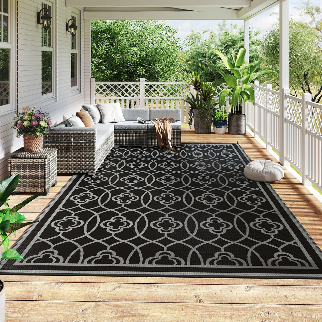Reversible Outdoor Rug, Waterproof Plastic Straw With Carry Bag, 9 X 18, Black & Gray Lantern