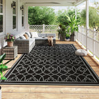 Reversible Outdoor Rug, Waterproof Plastic Straw With Carry Bag, 9 X 18, Black & Gray Lantern