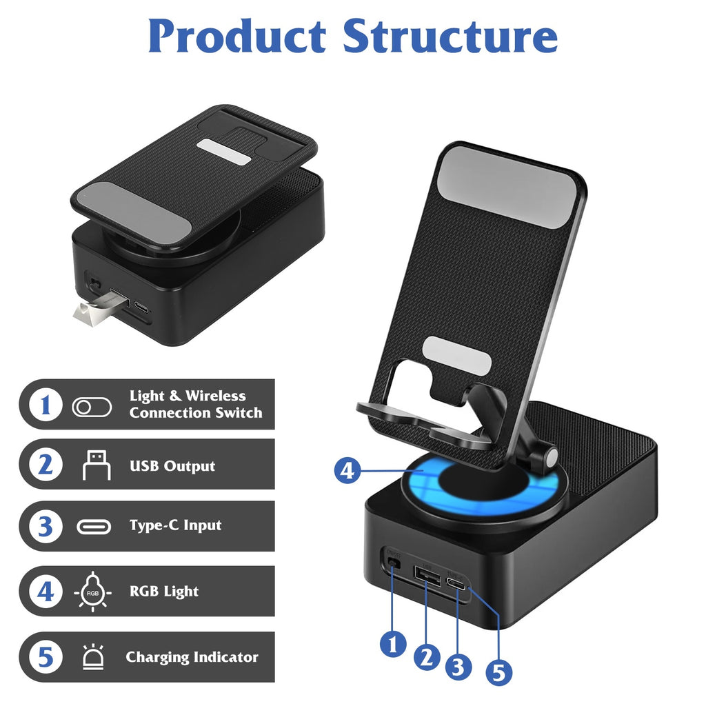 iPhone iPad 1Pc 4 In 1 Foldable Wireless Speaker Phone Stand With Power Bank 360Degree Rotatable Stand Wireless Speaker 5000mAh Battery RGB Light For iPhone iPad