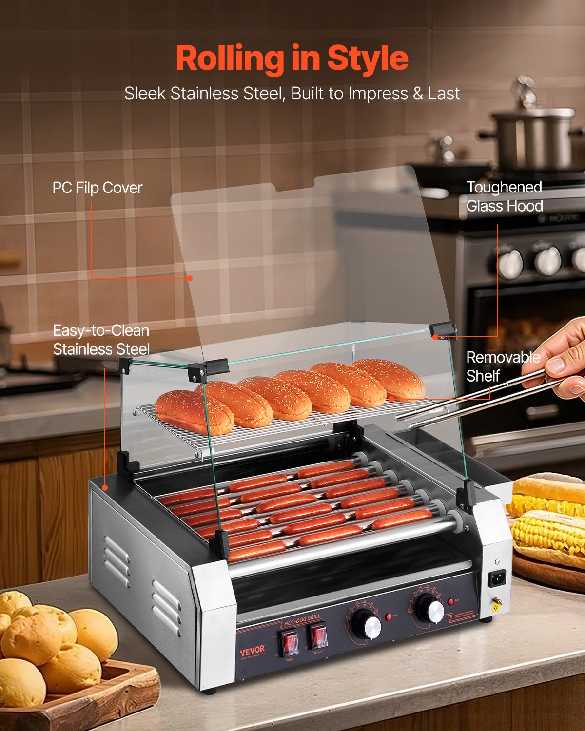 Electric 18 Hot Dog 7 Roller Commercial Grill Cooker Machine Cover 1050W