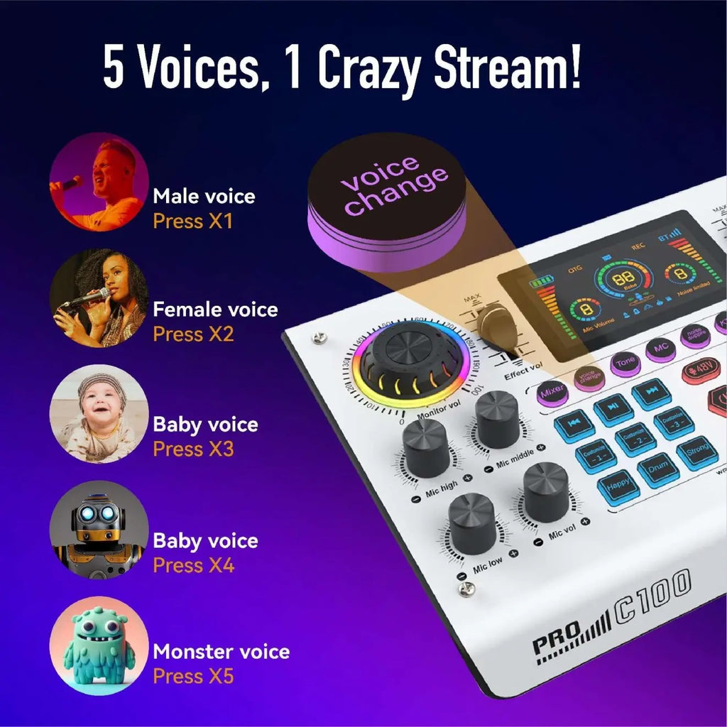 Big Discount C100PRO Lightweight And Portable Digital Sound Card, Real-time Voice Changer, Intelligent Noise Reduction, And Instrument Reverberation