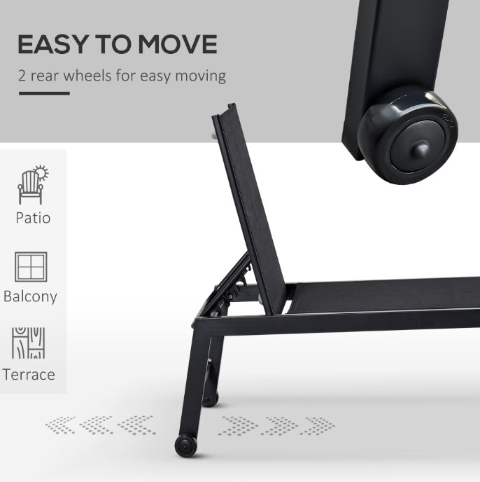 Chaise Lounge Chair Black With Wheels Adjustable Backrest Breathable For Sunbathing Patio