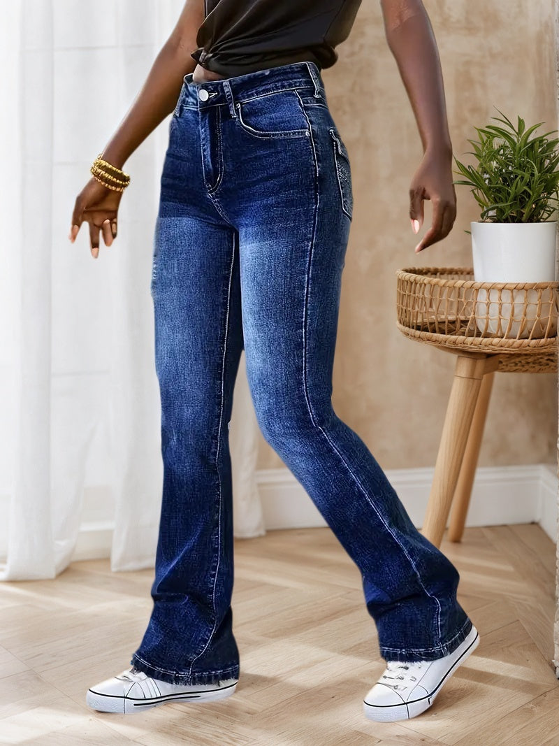 Slim Fit Elastic Washed Blue Casual Style Zipper Buckle Jeans, Women's Denim Jeans