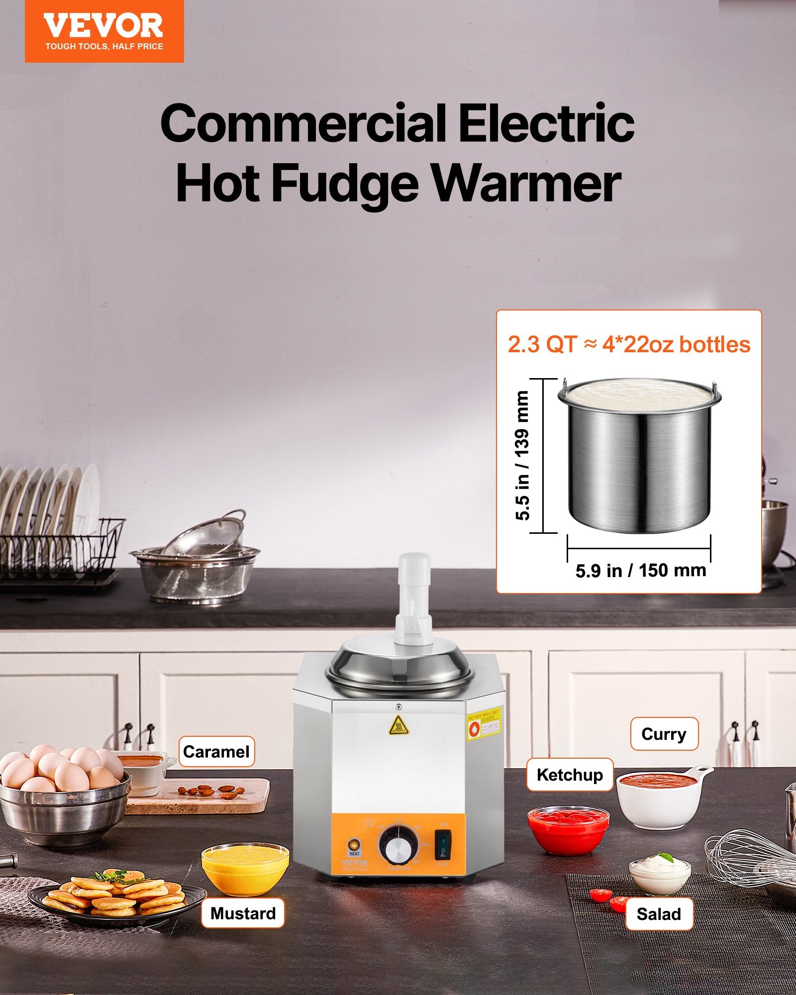 2.4L Electric Cheese Dispenser With Pump Commercial Hot Fudge Warmer 86F-230F