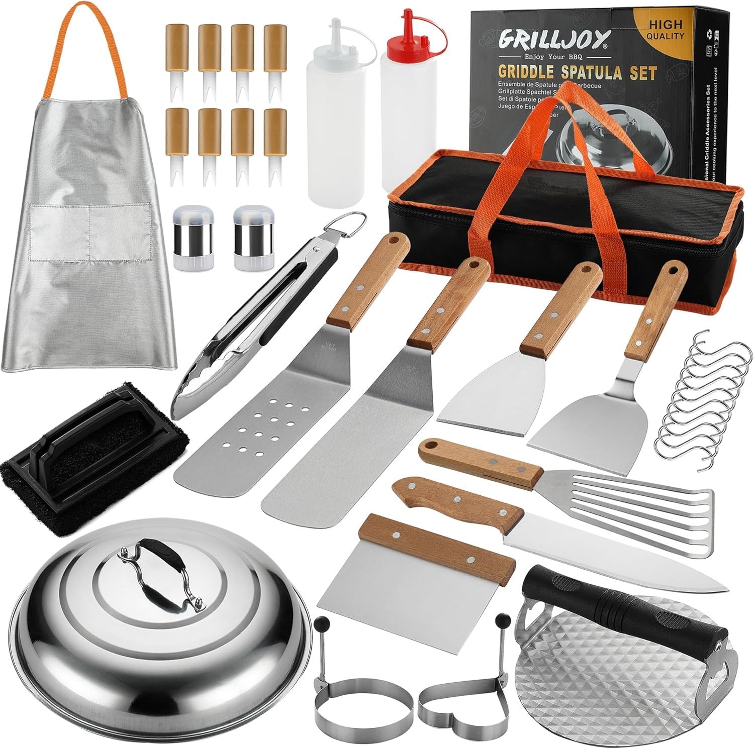 Grilljoy Griddle Accessories Set With Robust Plastic Handle, All-in-One Griddle Tools Kit For Flat Top Grills Teppanyaki Hibachi, Stainless Steel Grill Spatula Kit For Outdoor Camping Grilling