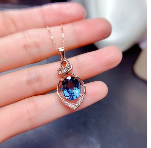 Blue Zircon Diamonds Gemstones Pendant Necklace