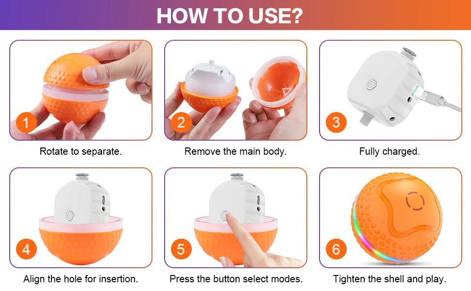 Dog Toys Ball, Automatic Rolling Toy, Lively Pet Ball For Medium, Large Dogs To Relieve Boredom, Activated Automatic Motion Dog Balls Toy With LED Flash, USB Rechargeable Orange Purple Interactive