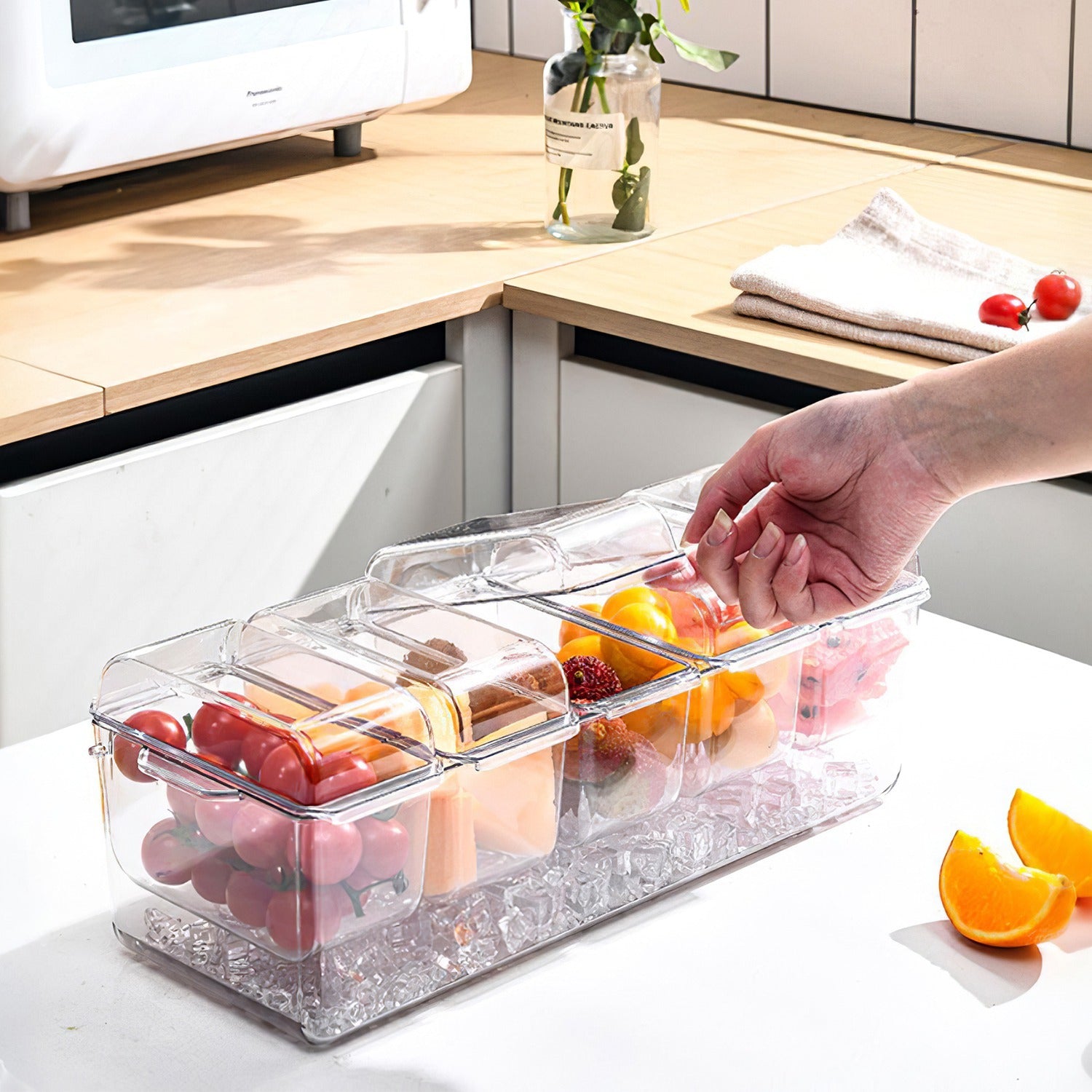 1Set Ice Chilled Condiment Caddy Serving Tray Container Bar Garnish Holder Salad Platter Server Food Storage With 5 Removable Containers 5 Lids 2 Tongs 5 Sporks