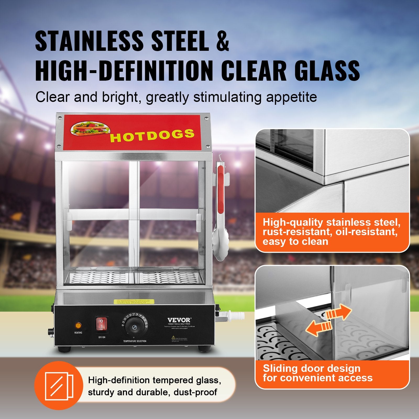 Commercial Hot Dog Steamer 2-Tier Electric Bun Warmer 28.5QT Slide Doors