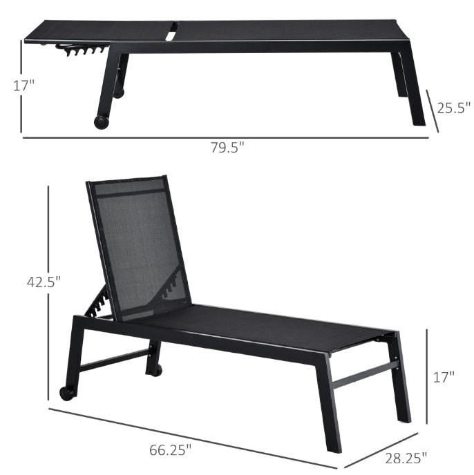 Chaise Lounge Chair Black With Wheels Adjustable Backrest Breathable For Sunbathing Patio